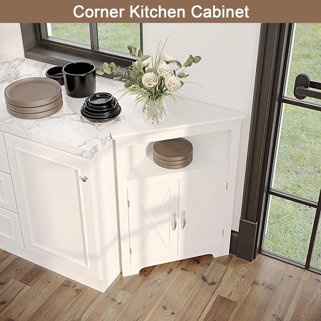 White Corner Storage Cabinet with Barn Door and Adjustable Shelf P10947