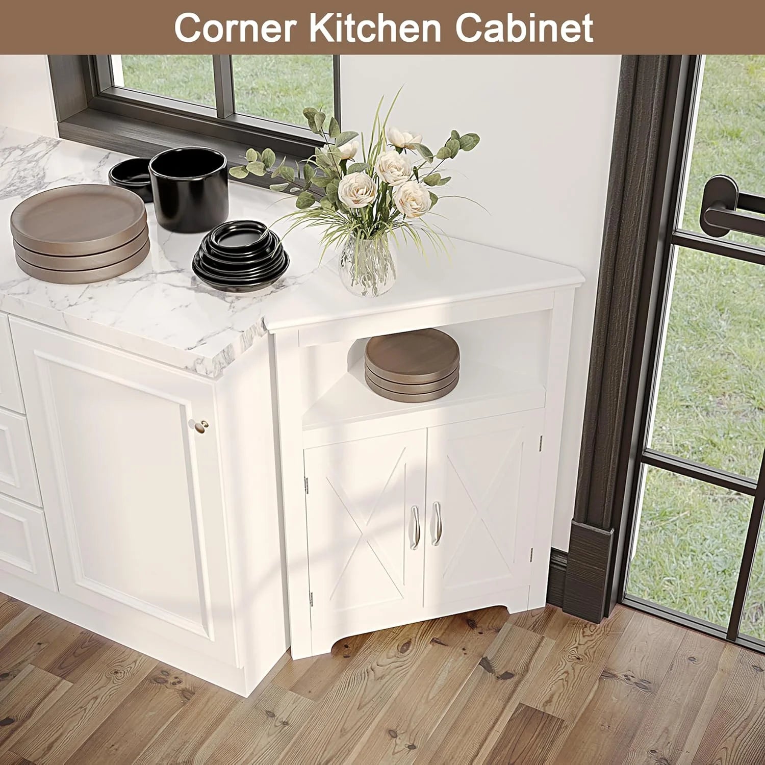 White Corner Storage Cabinet with Barn Door and Adjustable Shelf P10947