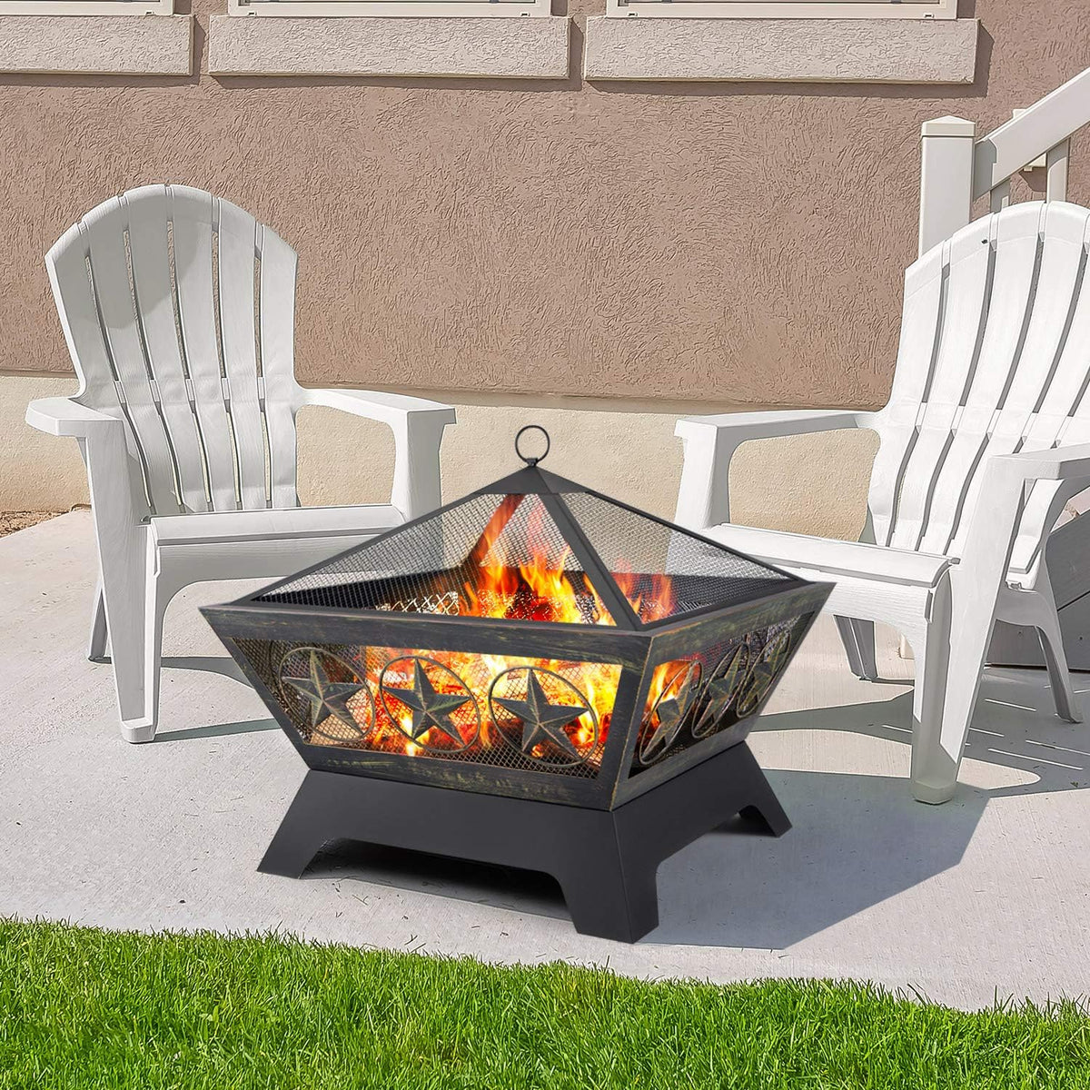 Fire Pit Outdoor Wood Burning 24in with Spark Screen Mesh Lid Bronze C2621