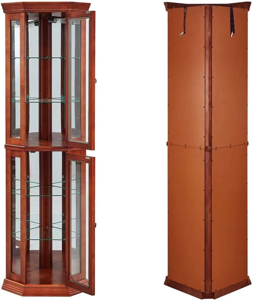 Oak Lighted Corner Curio Cabinet with Adjustable Tempered Glass Shelves Z202465