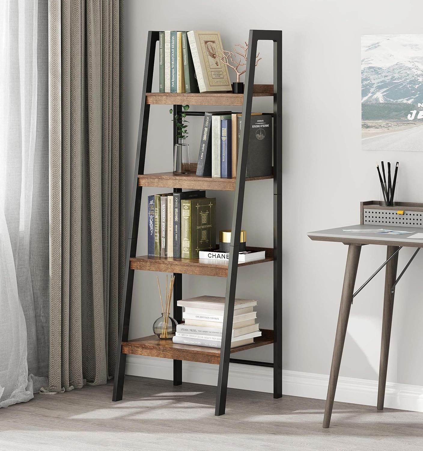 4-Tier Wooden and Metal Frame Ladder Shelf G1340
