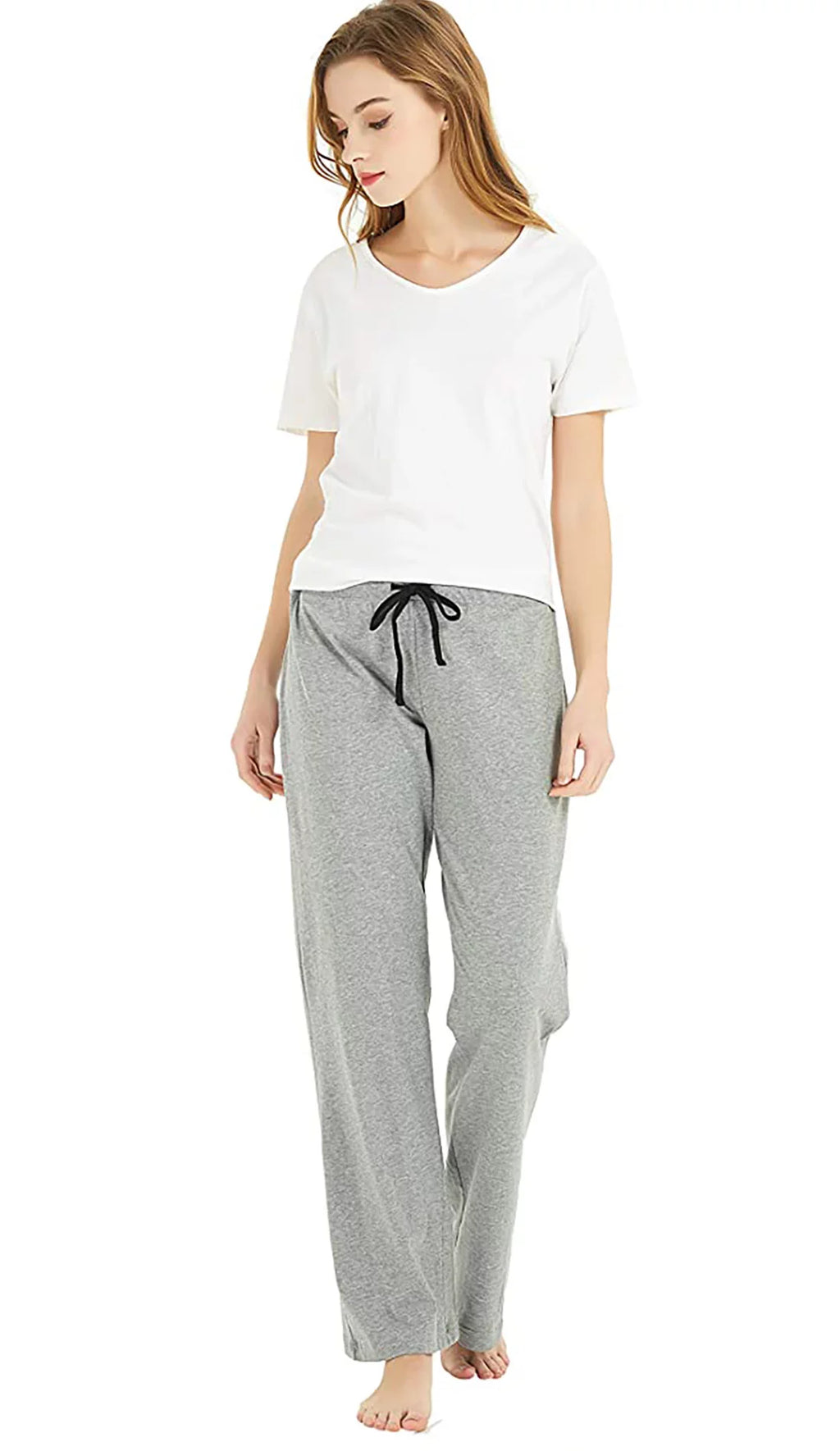 2 Pack Pajama Pants, Soft Lightweight Sleep Pj Bottoms, Black/Light Grey Mel, L S3848
