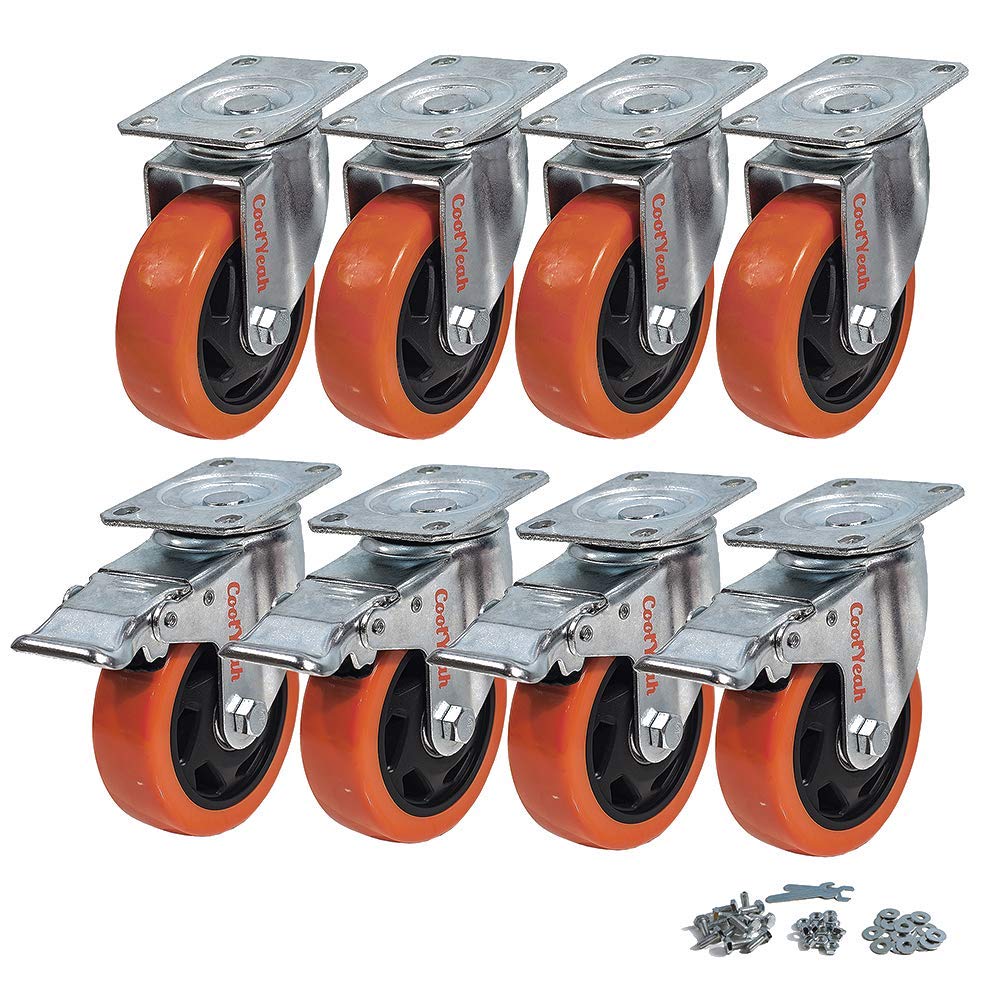 4 inch Swivel Plate PVC Caster Wheels, Heavy Duty Locking Casters (Pack of 8, 4 with Brake & 4 Without) F42379