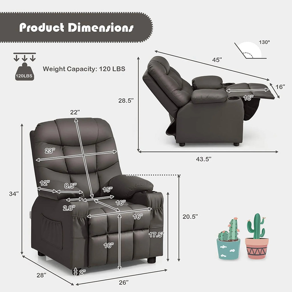Brown PU Leather Kids Recliner Chair with Cup Holder D988482