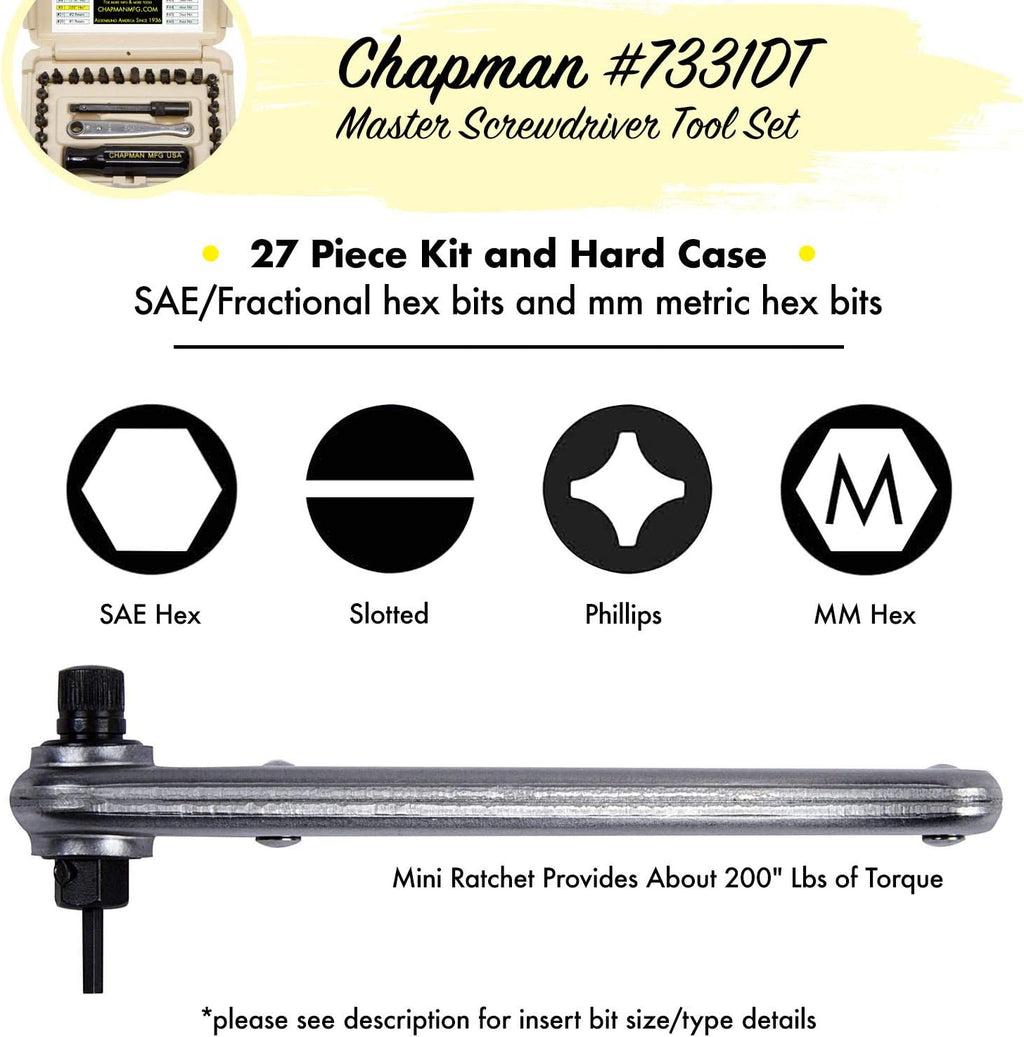 24 USA Made Insert Bits Screwdriver Set with Mini Ratchet Hand Tool H193