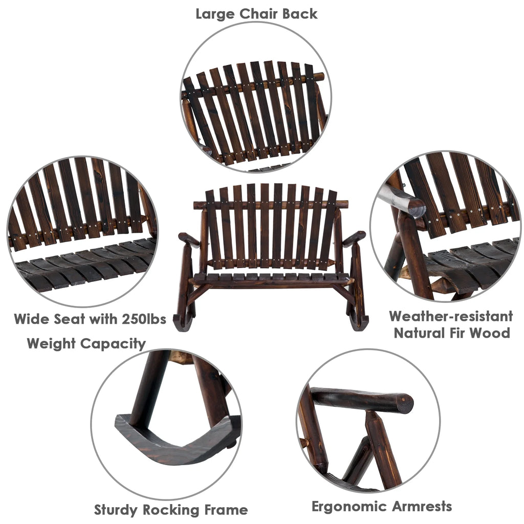 Rustic Double Rocking Chair Adirondack Bench, Fir Wood P51682