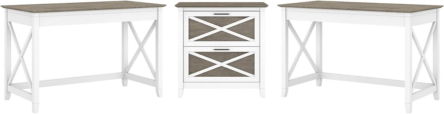 2 Person Desk Set with Lateral File Cabinet, Dark Gray Hickory Q560