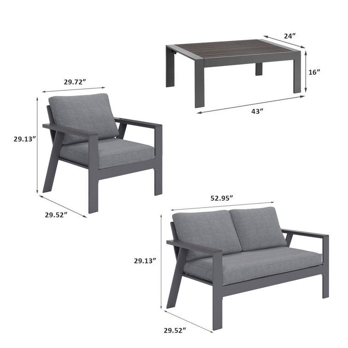 Gray 4-Seat Outdoor Aluminum Sectional Sofa with Cushions U66318