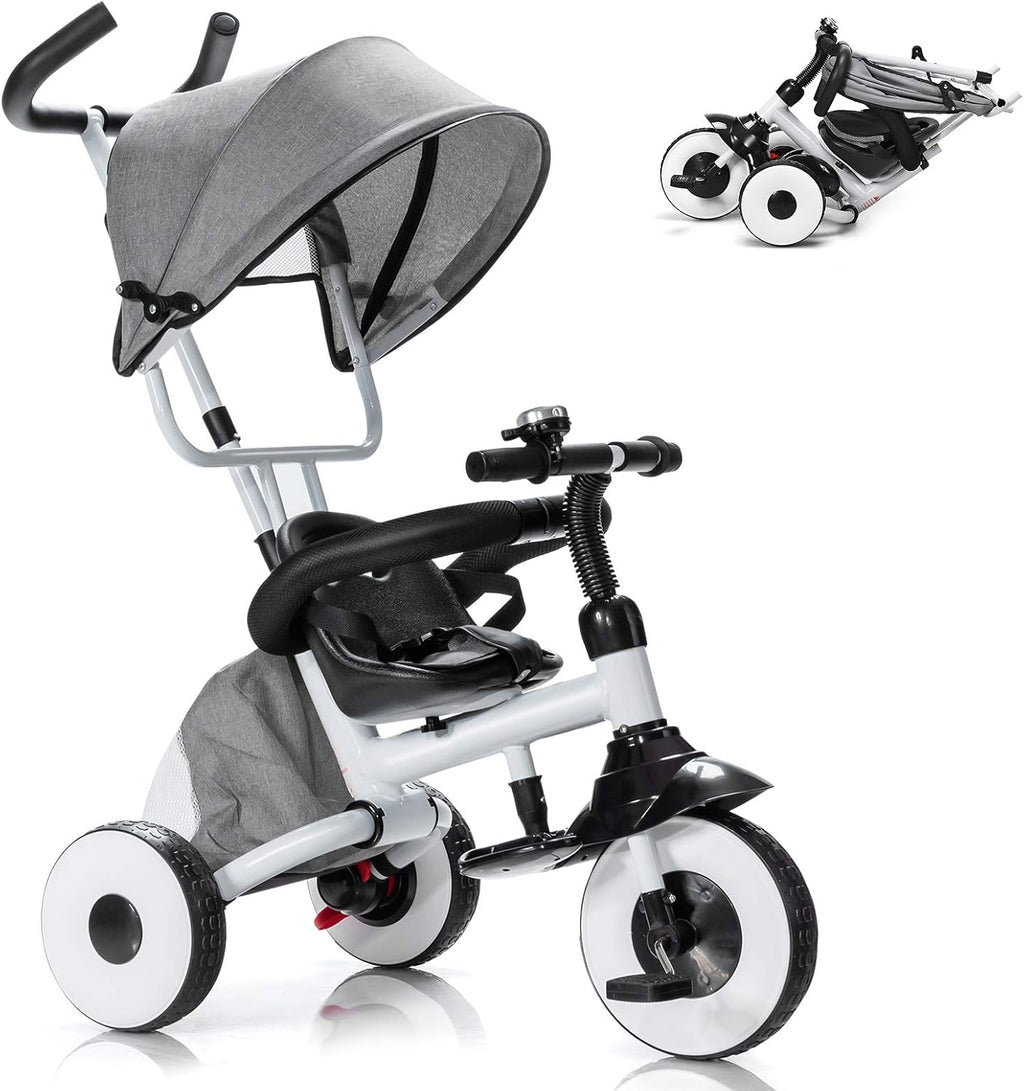 Folding Tricycle with Adjustable Parent Handle, Canopy, Storage Bag, Safety Harness & Wheel Brakes A767