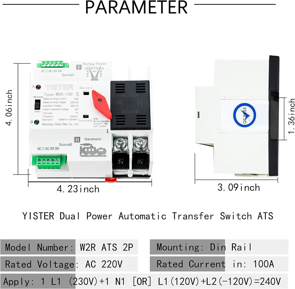 WiFi and RF433 Remote Control Dual Power Automatic Transfer Switch Ats 16-63-100A Rated 220V 240V Din Rail Mounted Controller H2770