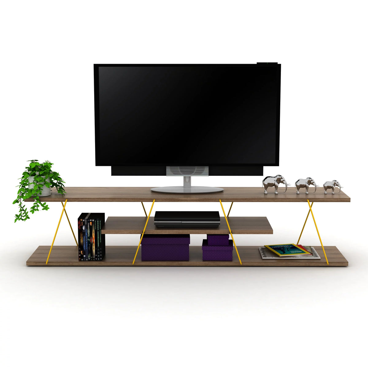 Walnut Yellow 56 inch Low Tv Stand with 4 Shelves M243
