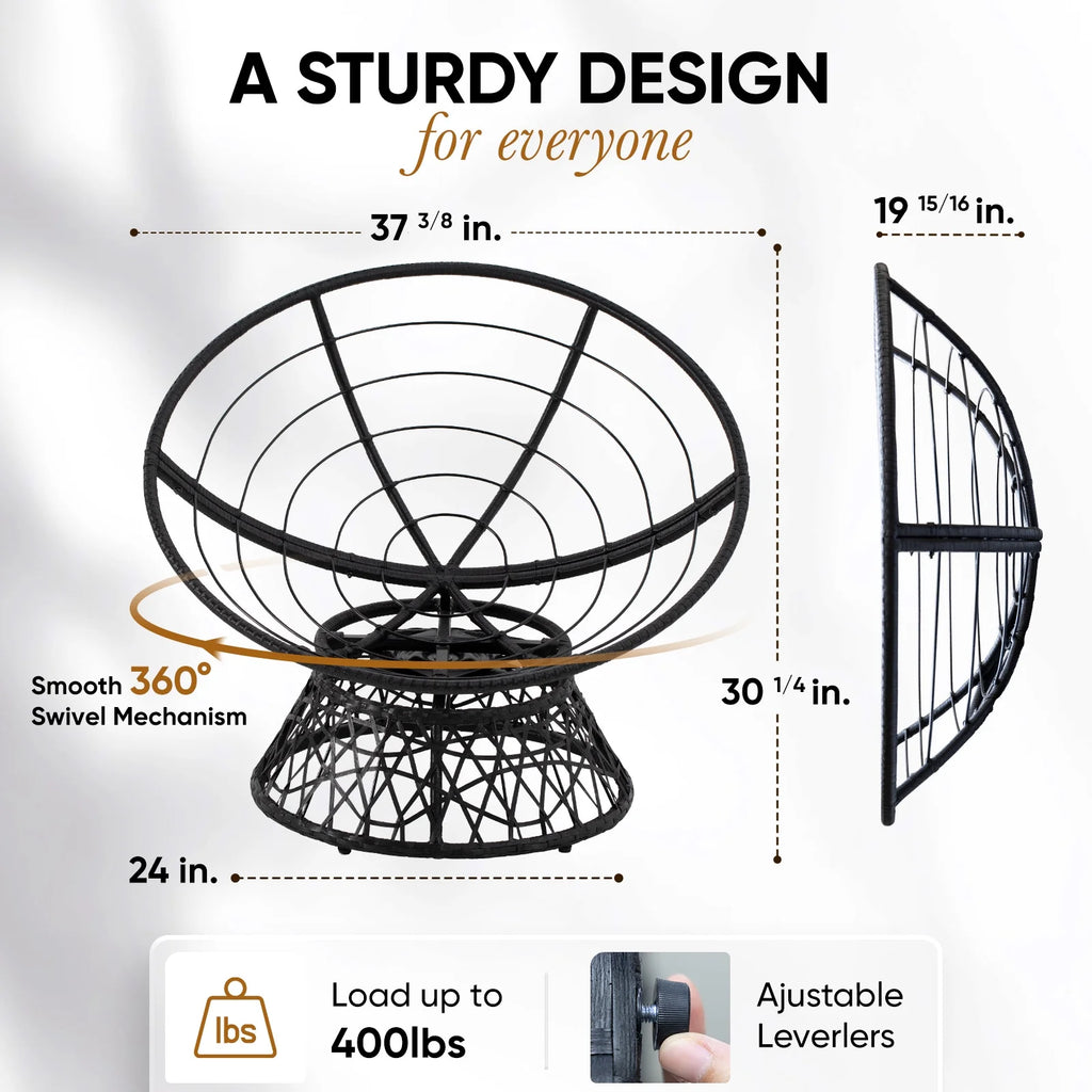 Black Frame Papasan Chair with Fabric Cushion and Metal Swivel Base I2942