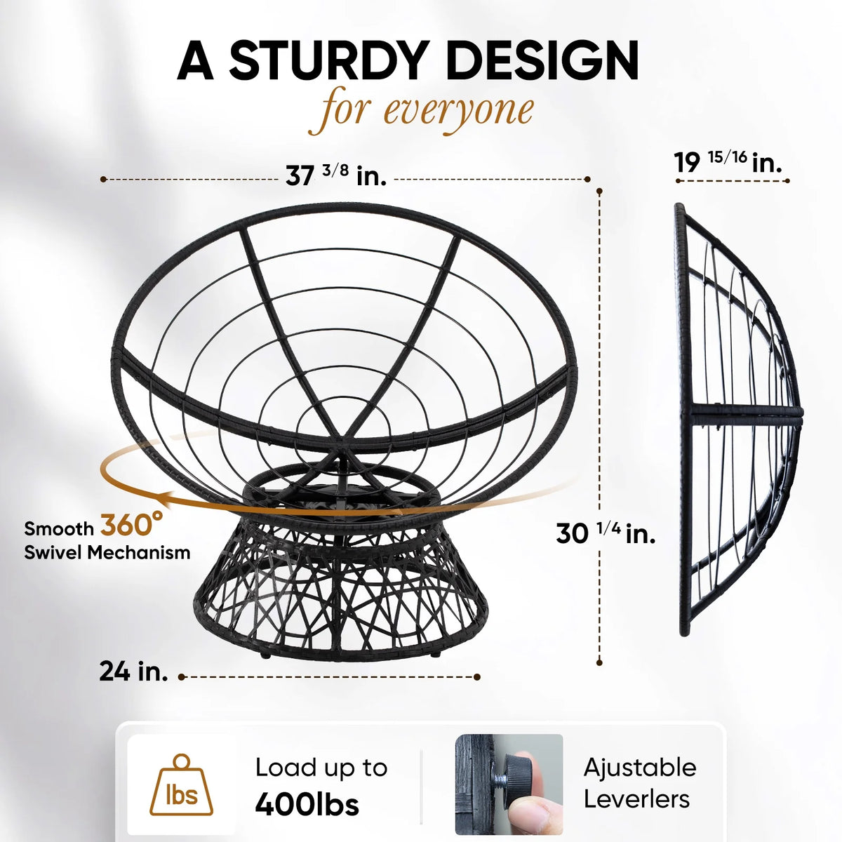 Black Frame Papasan Chair with Fabric Cushion and Metal Swivel Base I2942