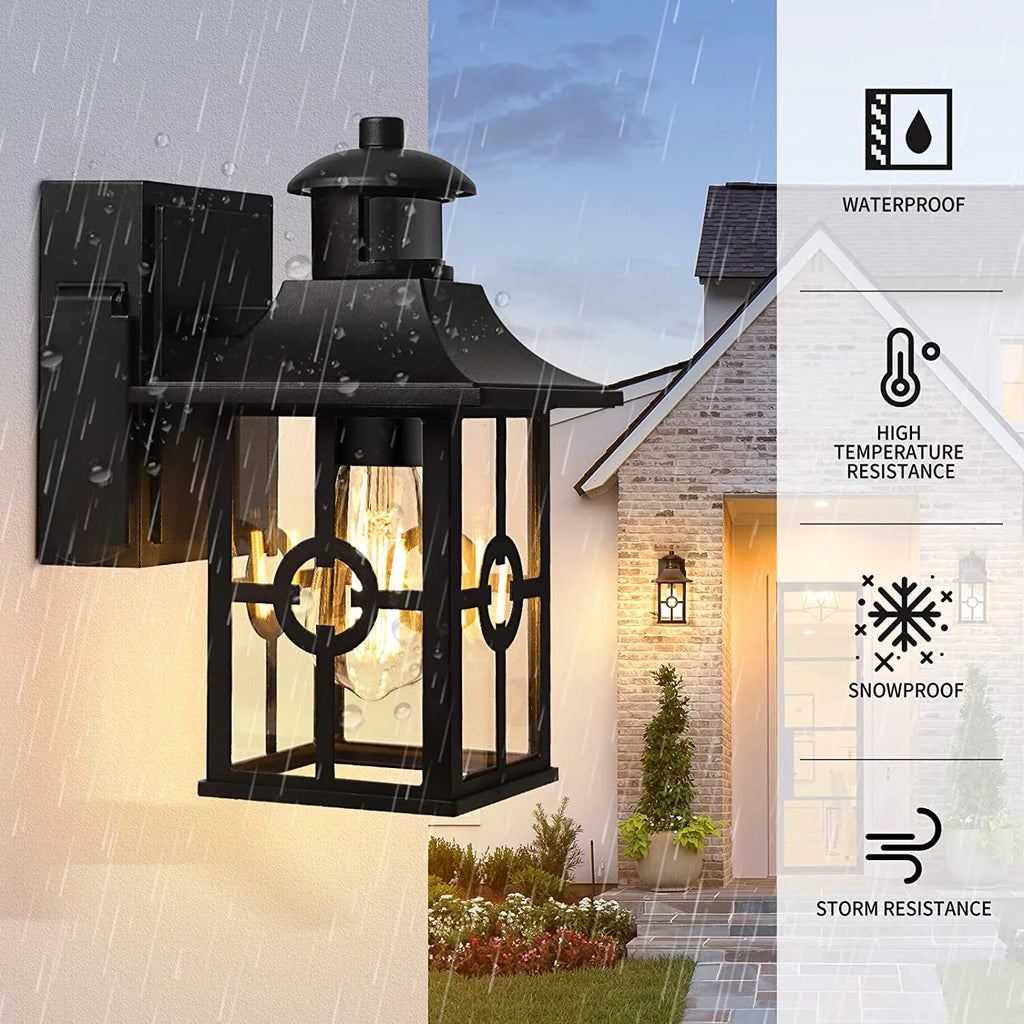 Outdoor Motion Sensor Porch Light with 2 GFCI Outlets Dusk to Dawn Wall Light Waterproof Aluminum W972050