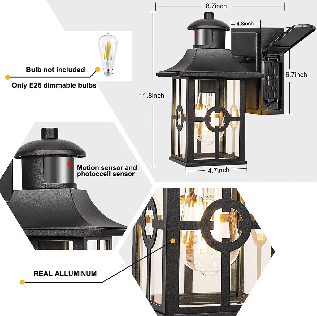 Outdoor Motion Sensor Porch Light with 2 GFCI Outlets Dusk to Dawn Wall Light Waterproof Aluminum W972050