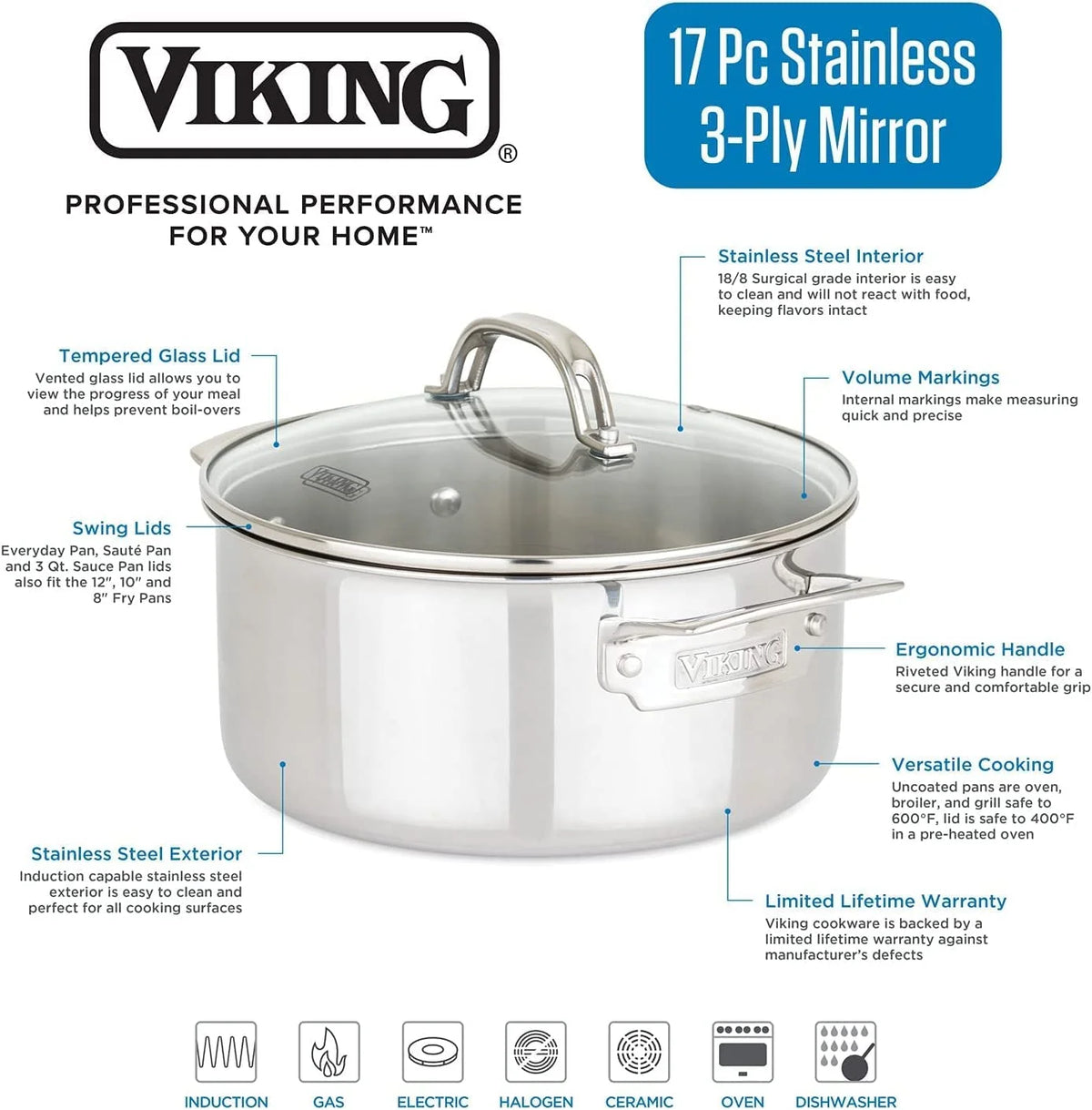 17pc Stainless Steel Cookware Set with Glass Lids E1200