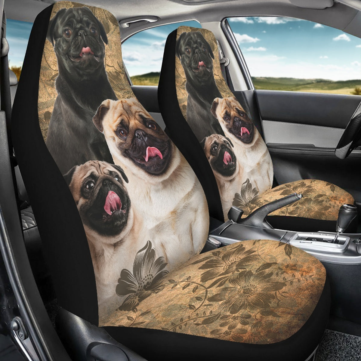 Pug Dog Floral Print Seat Covers, Set of 2 Pcs S62163