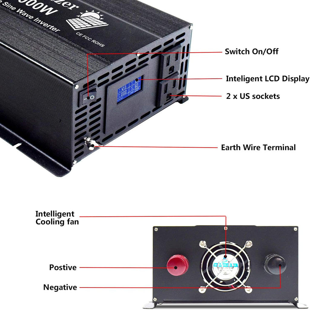 3000 Watt Pure Sine Wave Inverter 12V to 110V 120 Volt with Dual US Outlet and LCD Display M3315