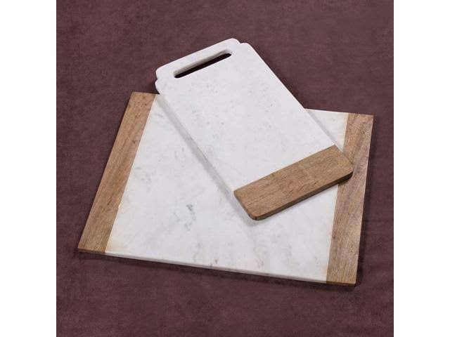 Natural White Marble Mango Wood Handled Board and Pastry Board Set K103414
