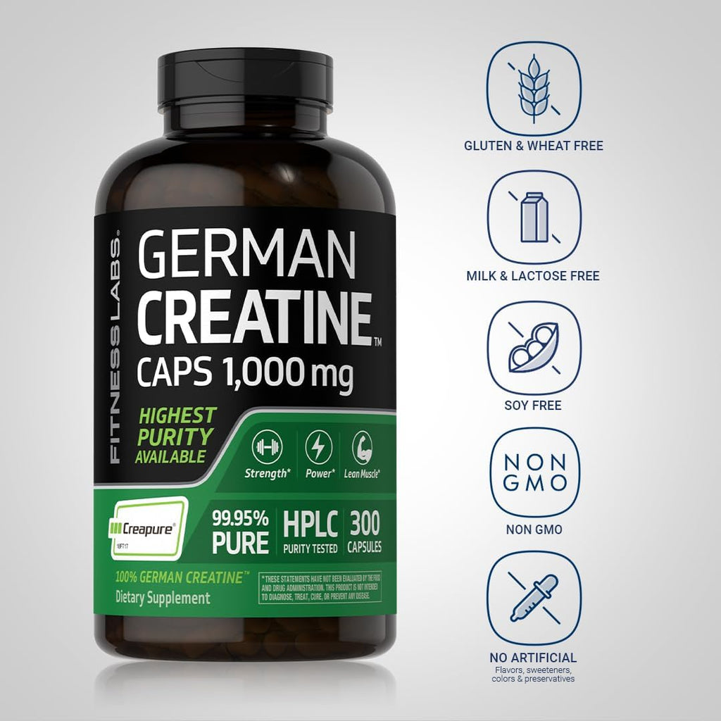 German Creatine Capsules 1000mg 300 Count Monohydrate Non-GMO Gluten Free M4966
