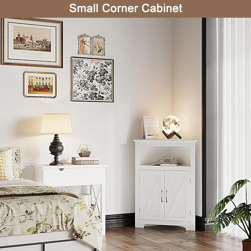 White Corner Storage Cabinet with Barn Door and Adjustable Shelf P10947