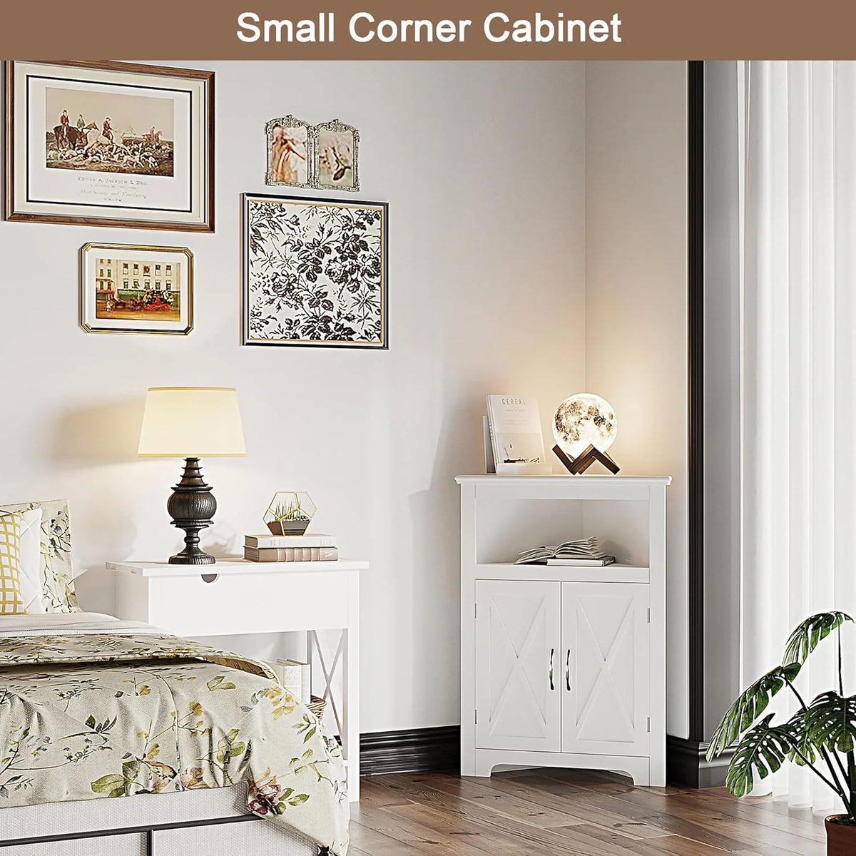 White Corner Storage Cabinet with Barn Door and Adjustable Shelf P10947