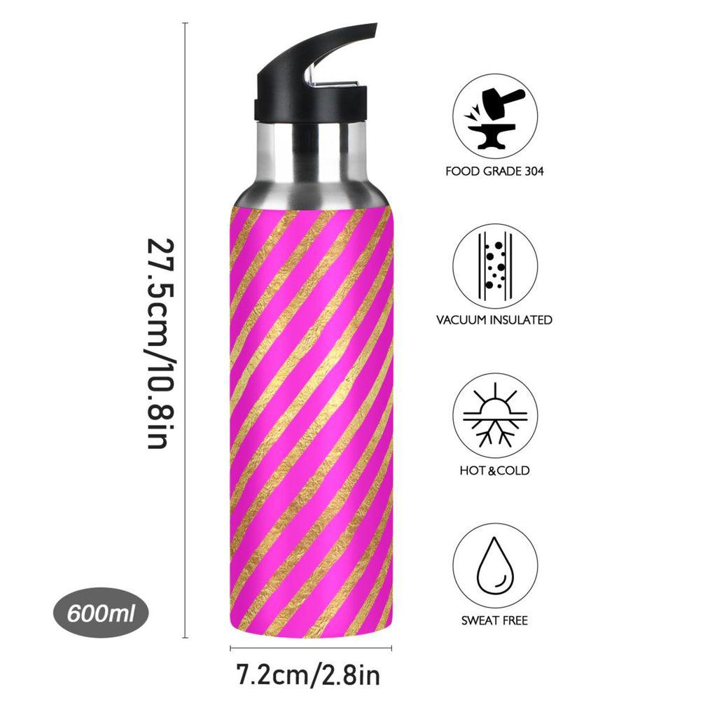 Hot Pink Striped Stainless Steel Vacuum Insulated Water Bottle 20 OZ I500639