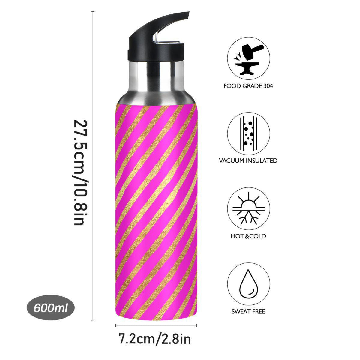 Hot Pink Striped Stainless Steel Vacuum Insulated Water Bottle 20 OZ I500639