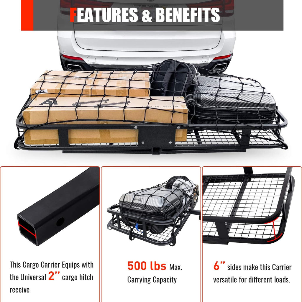 Hitch Mount Folding Cargo Carrier with Cargo Net, 500 LB Max Capacity B204
