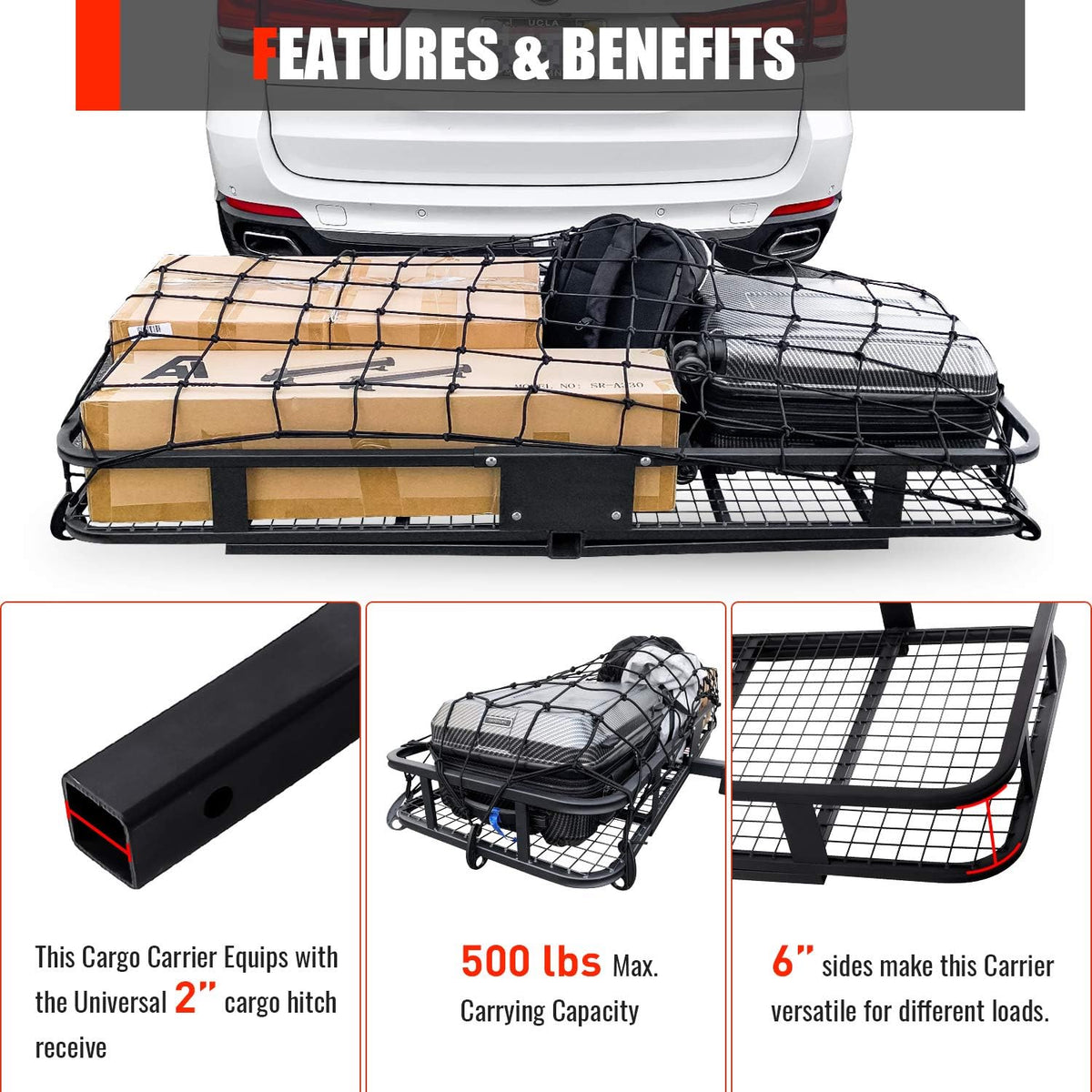 Hitch Mount Folding Cargo Carrier with Cargo Net, 500 LB Max Capacity B204