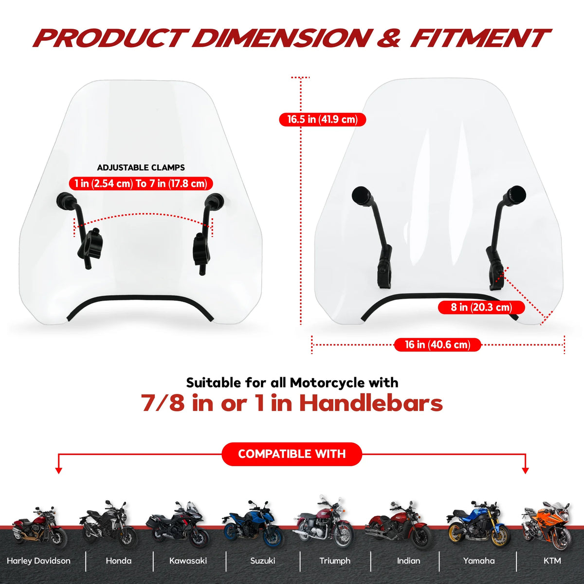15" Clear Tinted Windscreen Windshield for 7/8" or 1" Handlebars O4173