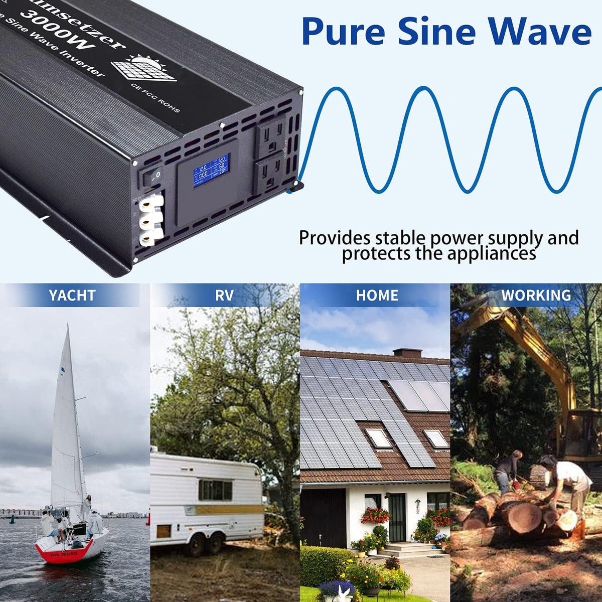 3000 Watt Pure Sine Wave Inverter 12V to 110V 120 Volt with Dual US Outlet and LCD Display M3315