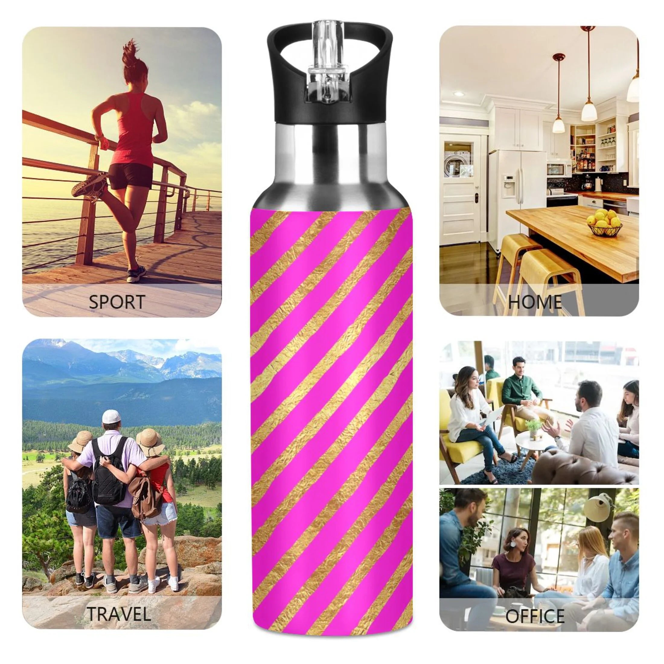 Hot Pink Striped Stainless Steel Vacuum Insulated Water Bottle 20 OZ I500639