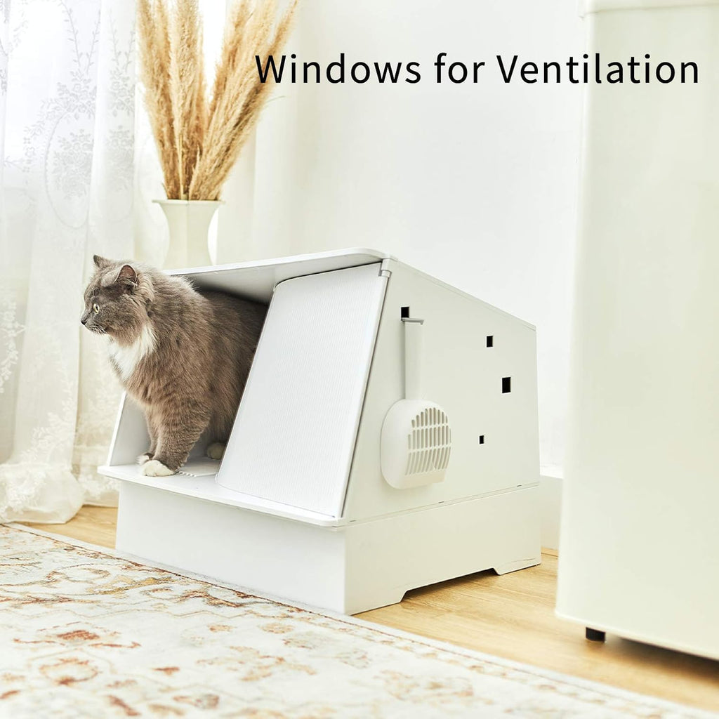 White Semi-Enclosed Cat Litter Box with Litter Scoop I96552