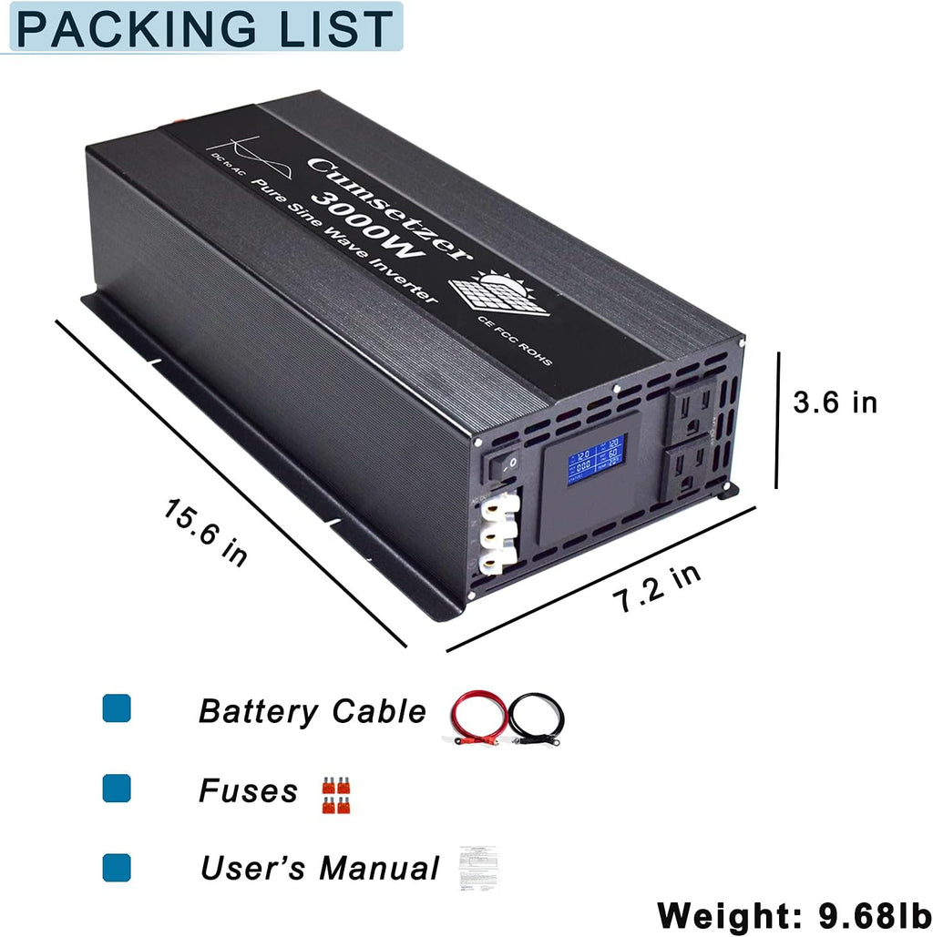 3000 Watt Pure Sine Wave Inverter 12V to 110V 120 Volt with Dual US Outlet and LCD Display M3315