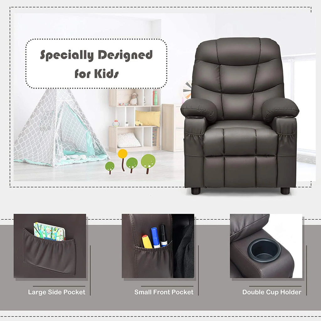Brown PU Leather Kids Recliner Chair with Cup Holder D988482