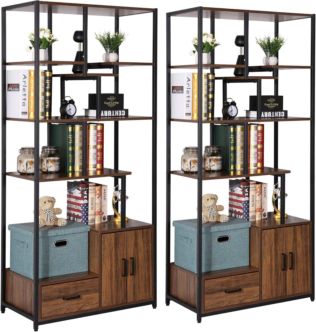 5 Tier Rustic Brown Wood Bookcase with Drawer and Door, Set of 2 J962584