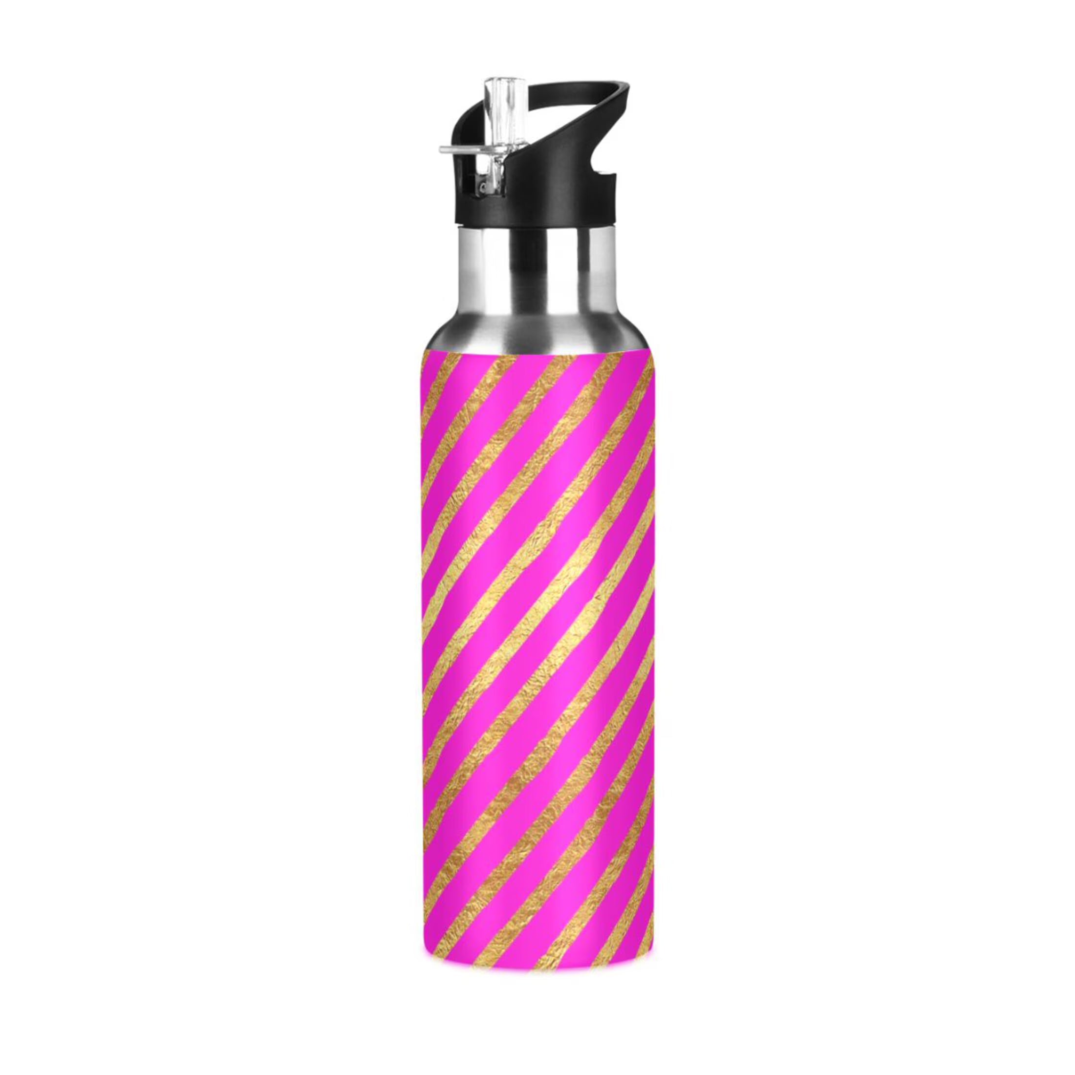 Hot Pink Striped Stainless Steel Vacuum Insulated Water Bottle 20 OZ I500639