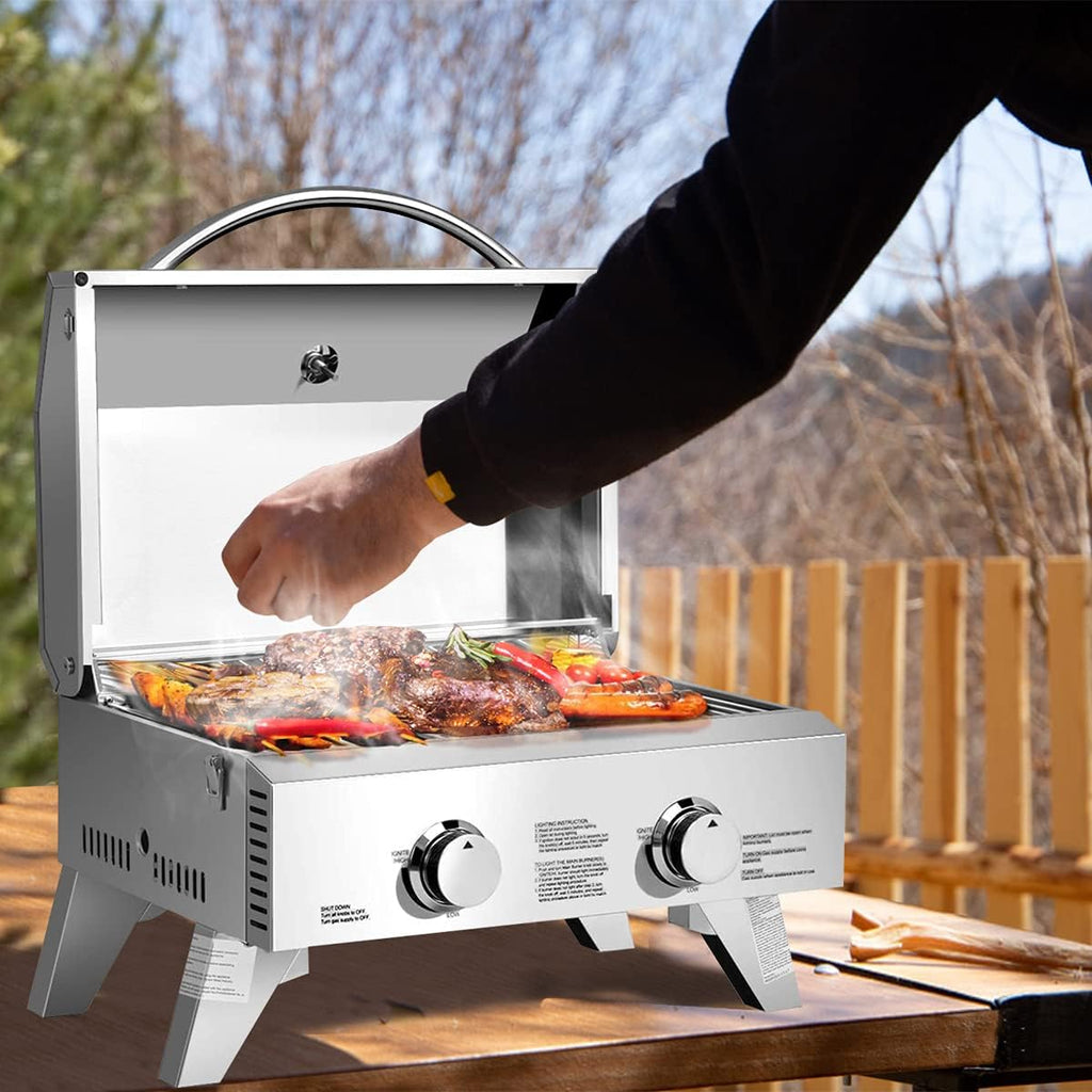 Portable Propane Gas Grill Two-Burner Outdoor BBQ Grill with Foldable Leg, 20000 BTU E53634