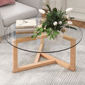 Round Glass Coffee Table with Tempered Glass Top & Wood Base F2262