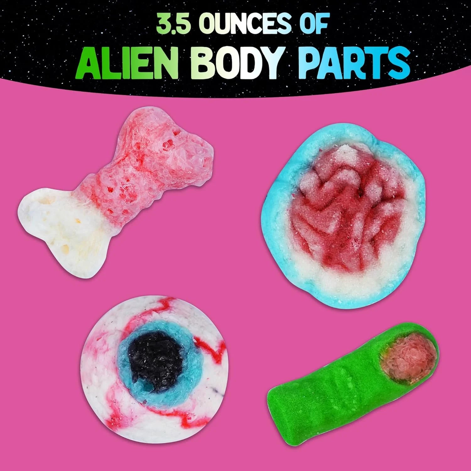 Freeze Dried Candy Variety Pack with Airheads, Skulls, and Alien Body Parts in Spaceship Box U161075