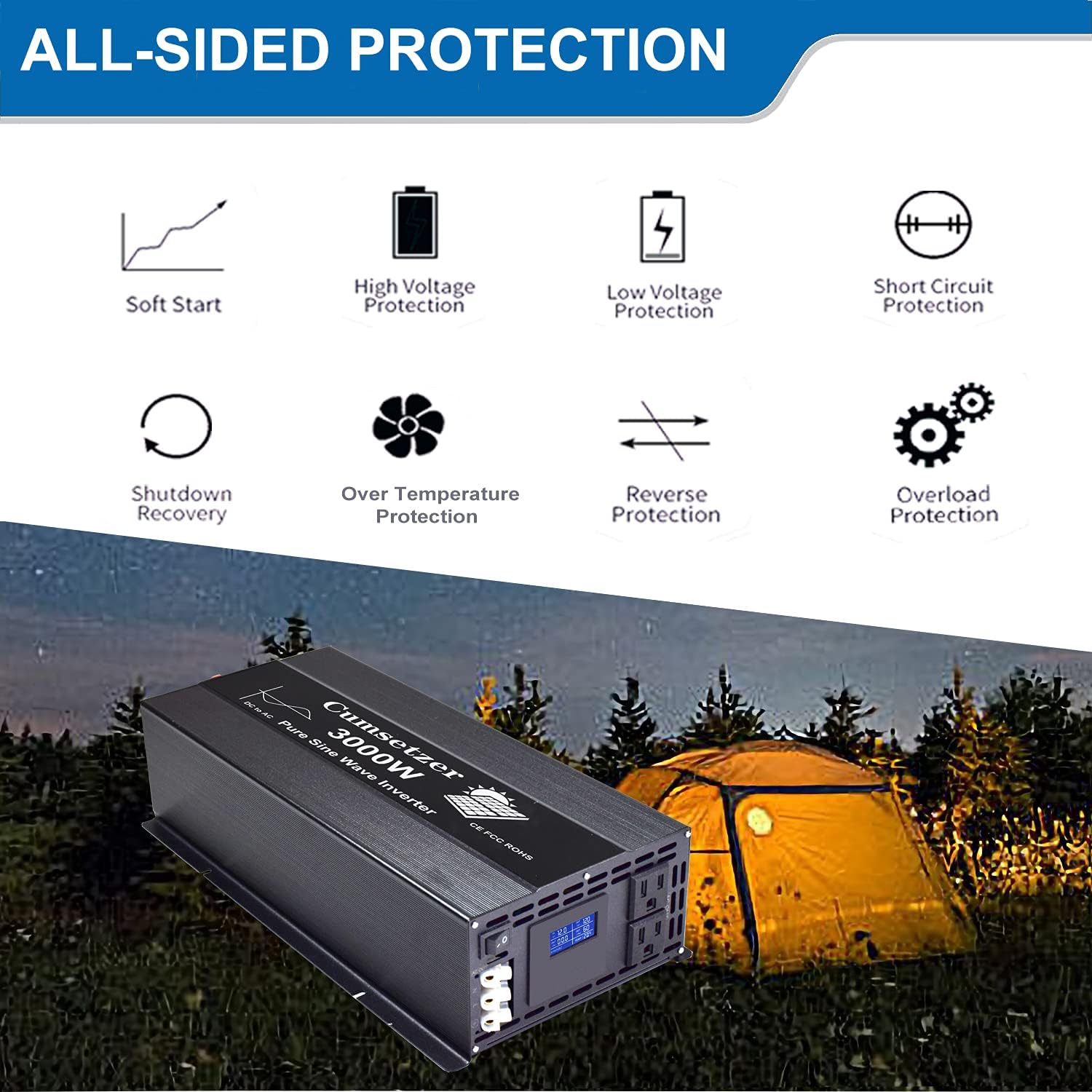 3000 Watt Pure Sine Wave Inverter 12V to 110V 120 Volt with Dual US Outlet and LCD Display M3315