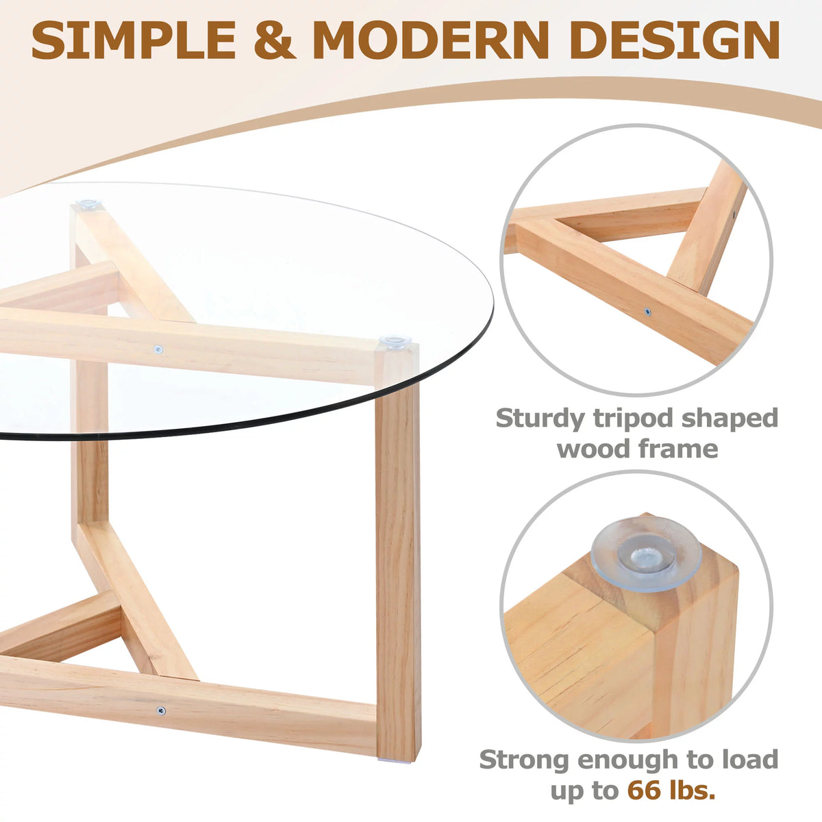 Round Glass Coffee Table with Tempered Glass Top & Wood Base F2262