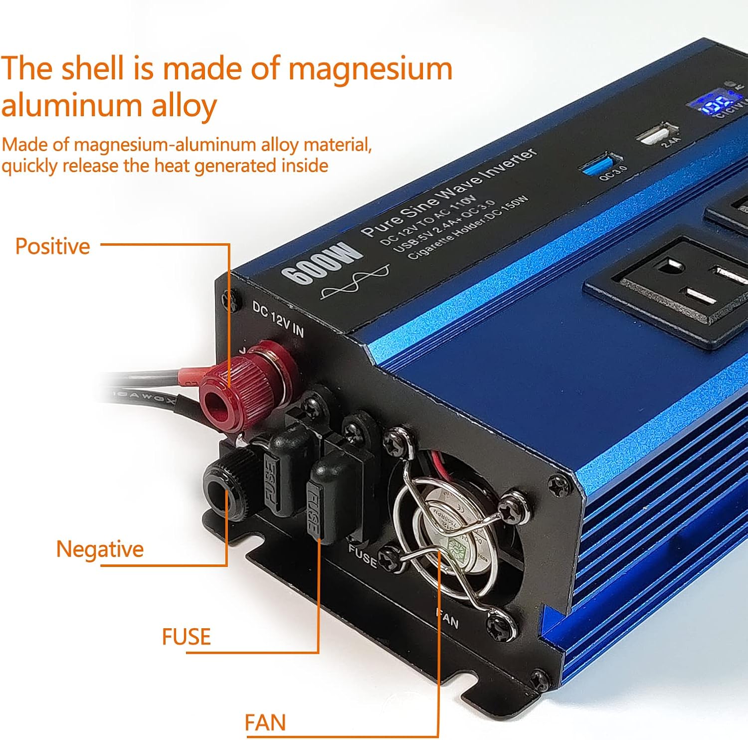 600W Pure Sine Wave Power Inverter DC12V to AC 110V with Dual AC Outlet Q803