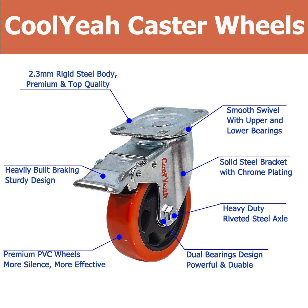 4 inch Swivel Plate PVC Caster Wheels, Heavy Duty Locking Casters (Pack of 8, 4 with Brake & 4 Without) F42379