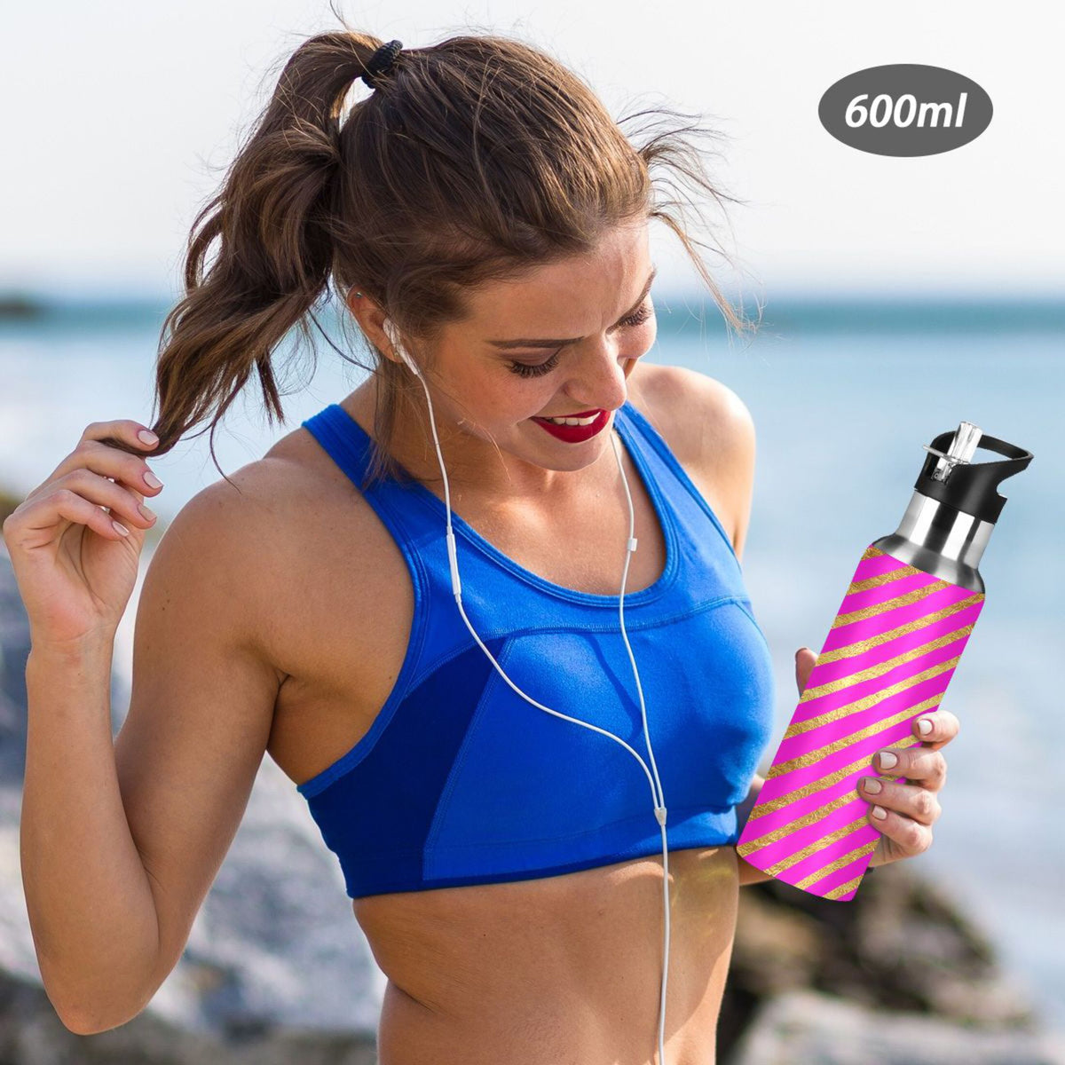 Hot Pink Striped Stainless Steel Vacuum Insulated Water Bottle 20 OZ I500639