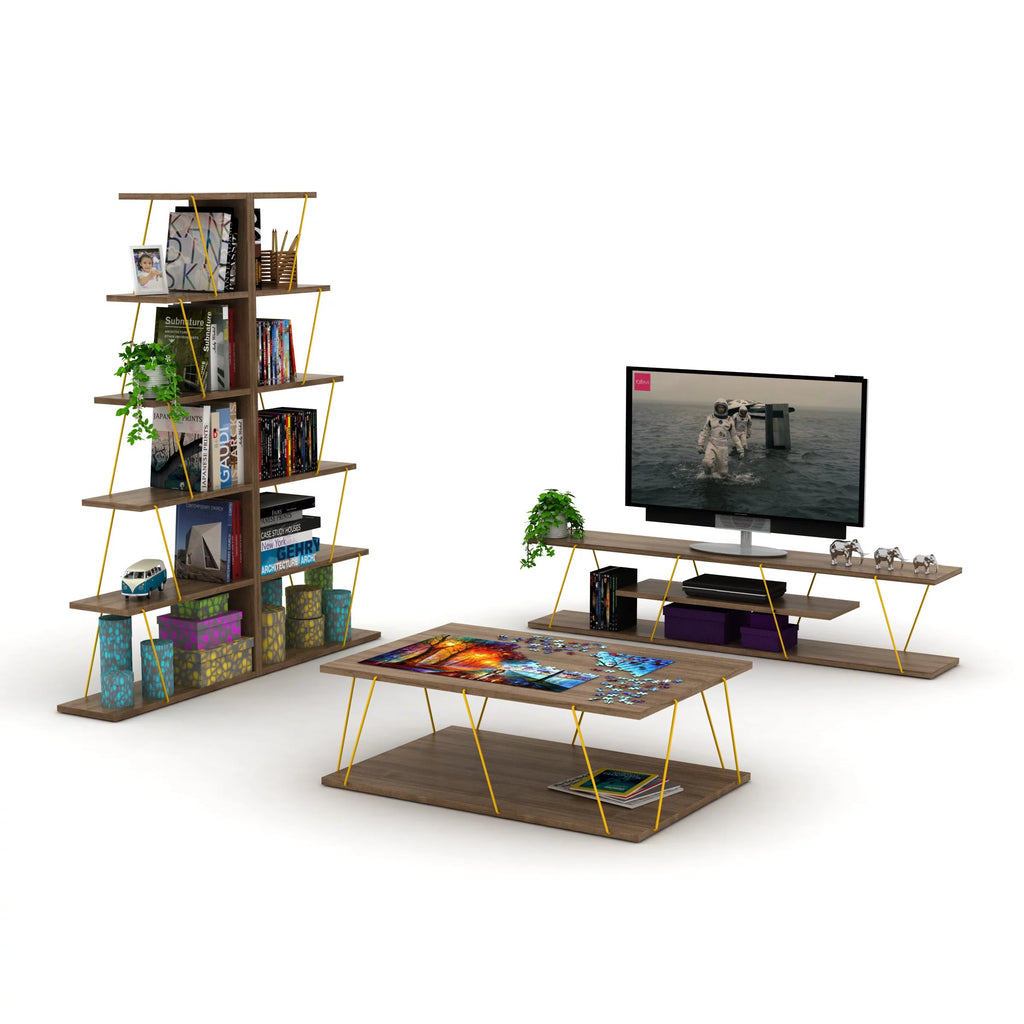 Walnut Yellow 56 inch Low Tv Stand with 4 Shelves M243