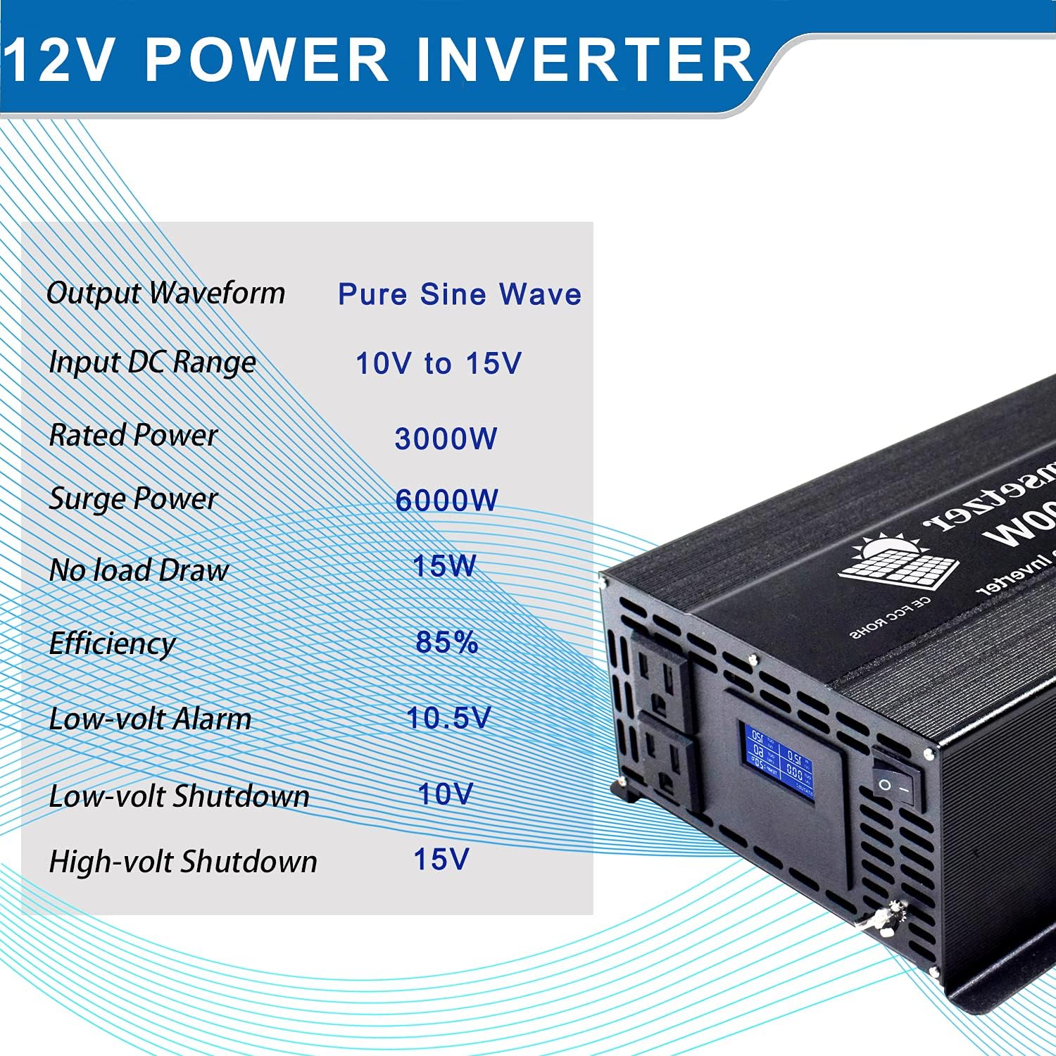 3000 Watt Pure Sine Wave Inverter 12V to 110V 120 Volt with Dual US Outlet and LCD Display M3315
