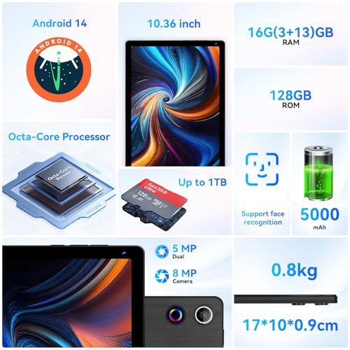 Black 10.36 inch Android 14 Tablet, 16GB RAM 128GB ROM, 8-Core HD Display, 5000mAh Battery, Dual Camera, 1TB Expandable N773055