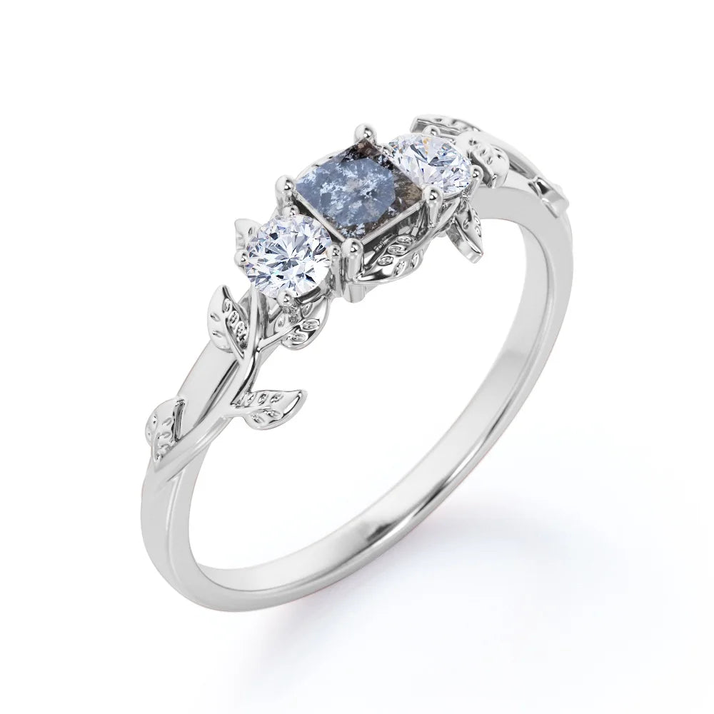 Three Stone Engagement Ring with Princess Cut Salt and Pepper Diamond and Moissanite Q993146